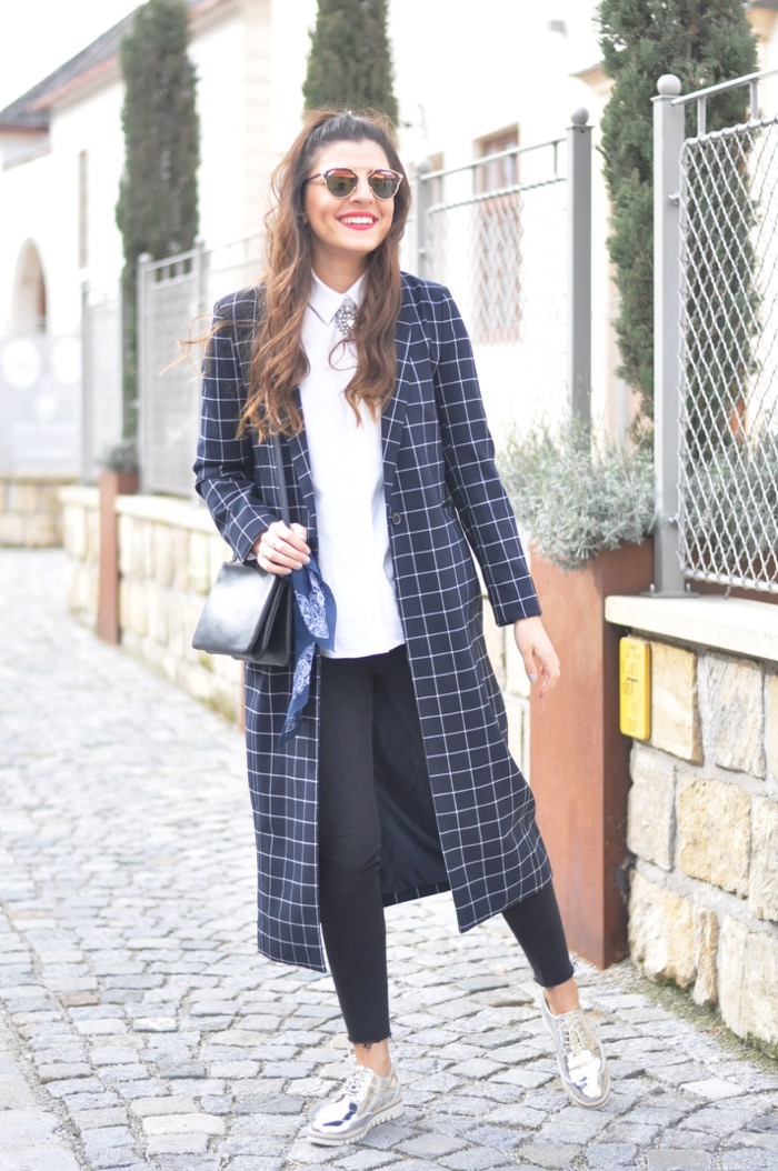 Navy Long Jacket + Black Jeans + Silver Oxford Shoes