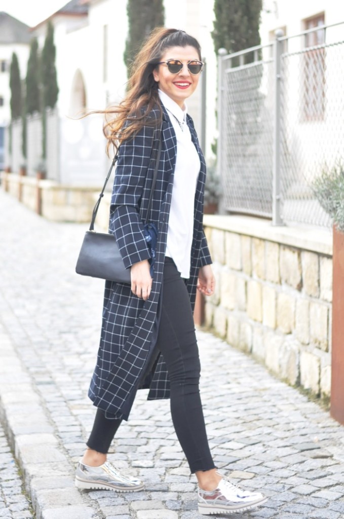 Navy Long Jacket + Black Jeans + Silver Oxford Shoes