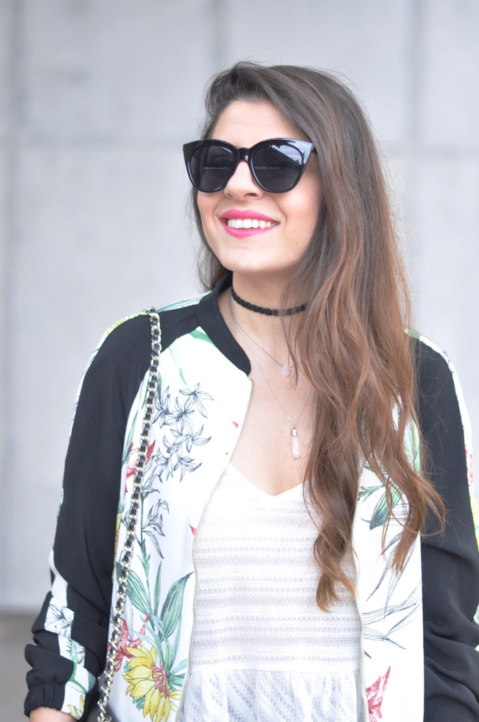 Pleated Culotte, Floral Bomber Jacket & Choker - fashionnes