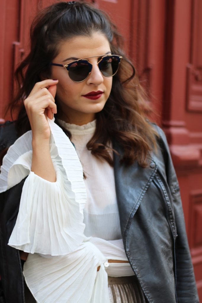 Pleated Metallic Midi Skirt, Trumpet Sleeves & Dior So Real - fashionnes