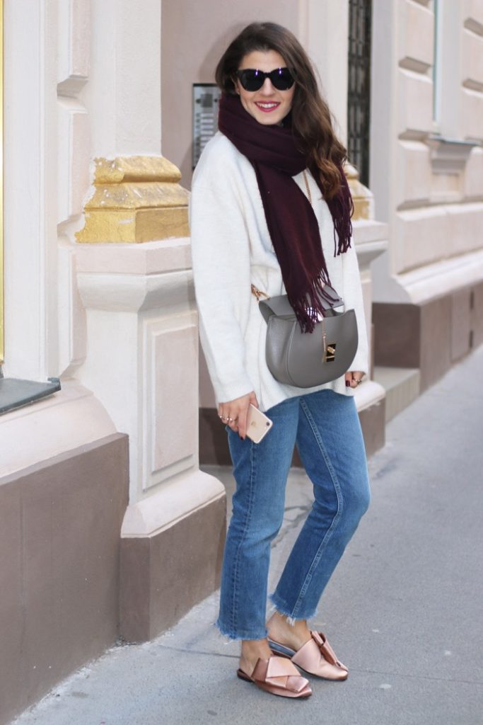 Relaxed Jeans, Cream Oversized Sweater & Satin Bow Slippers - fashionnes