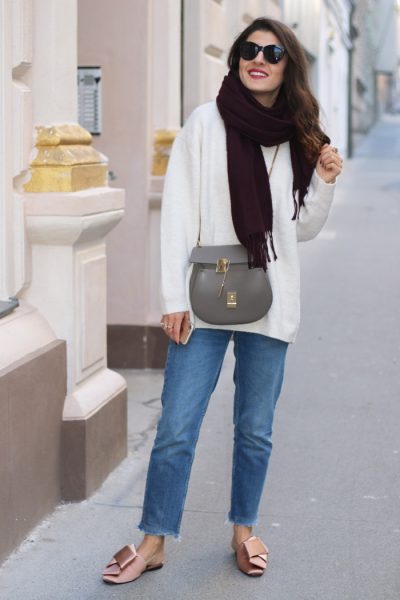 Relaxed Jeans, Cream Oversized Sweater & Satin Bow Slippers - fashionnes