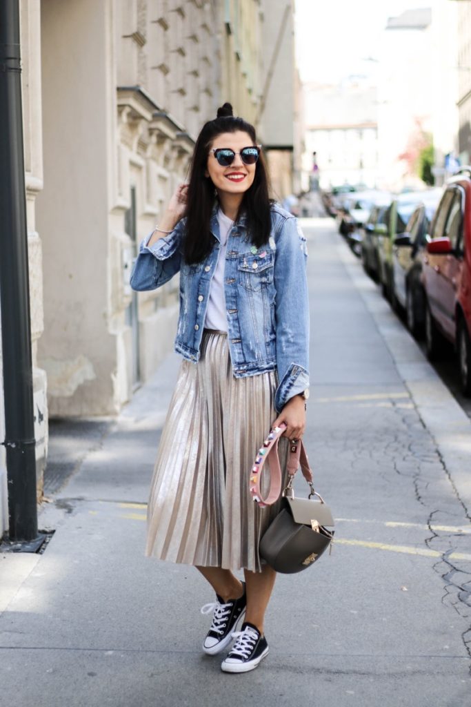 Metallic Pleated Skirt and Denim Jacket - Fashionnes