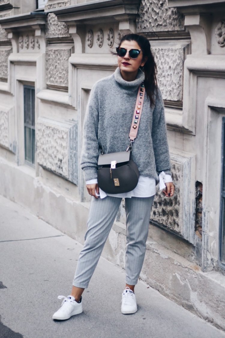 Grey Pinstripe Trousers & White Sneakers - fashionnes