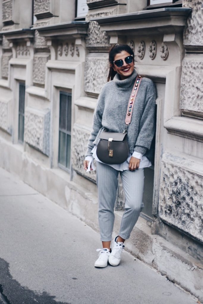 Grey Pinstripe Trousers & White Sneakers - fashionnes