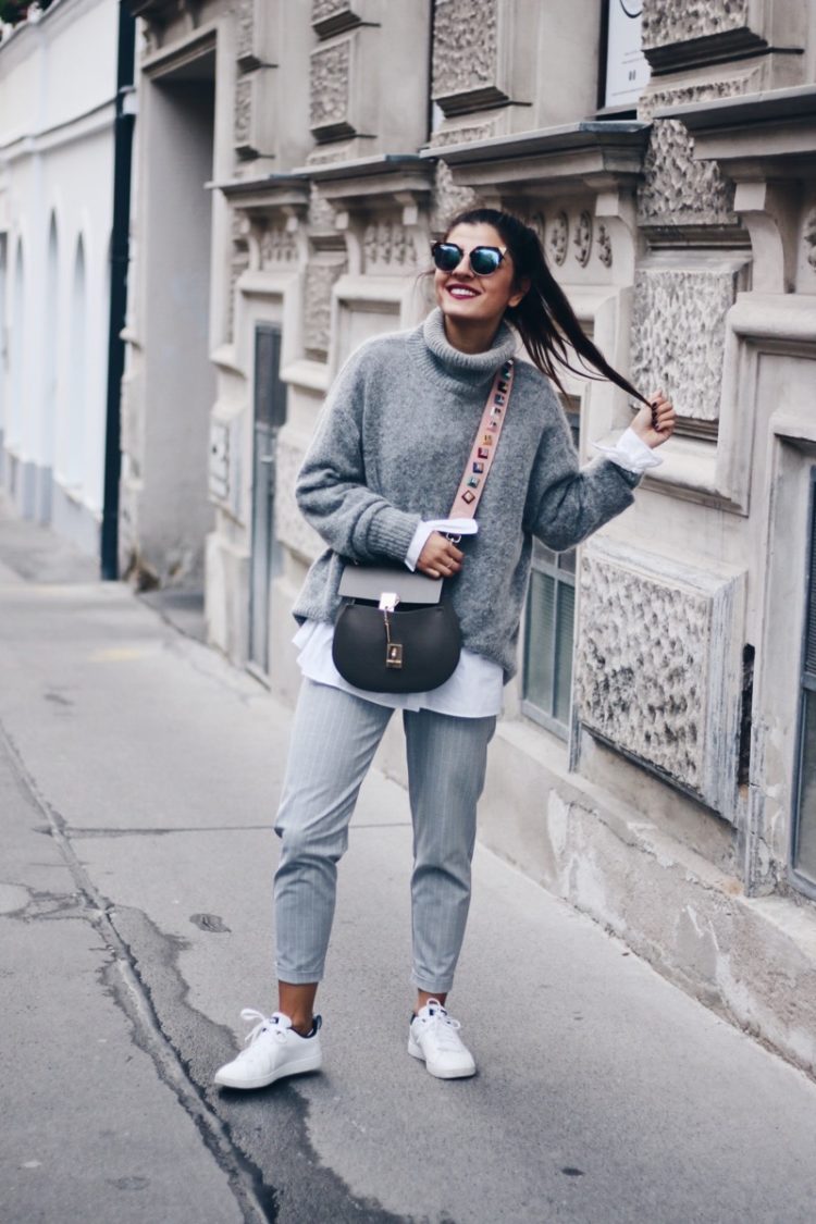 Grey Pinstripe Trousers & White Sneakers - fashionnes