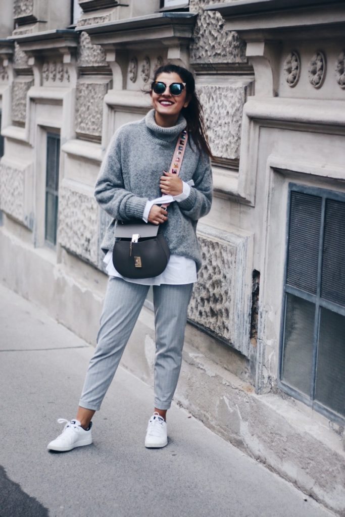 Grey Pinstripe Trousers & White Sneakers - fashionnes