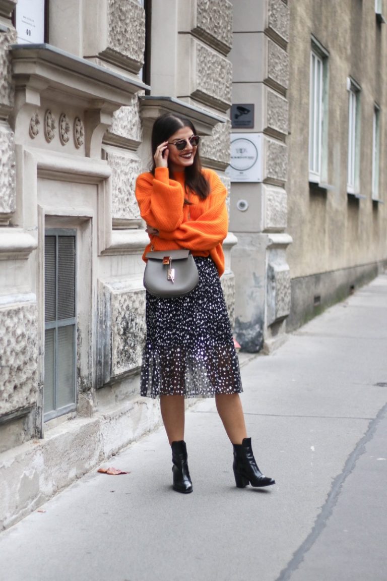 Orange Knit & Black Skirt With Silver Stars Fashionnes