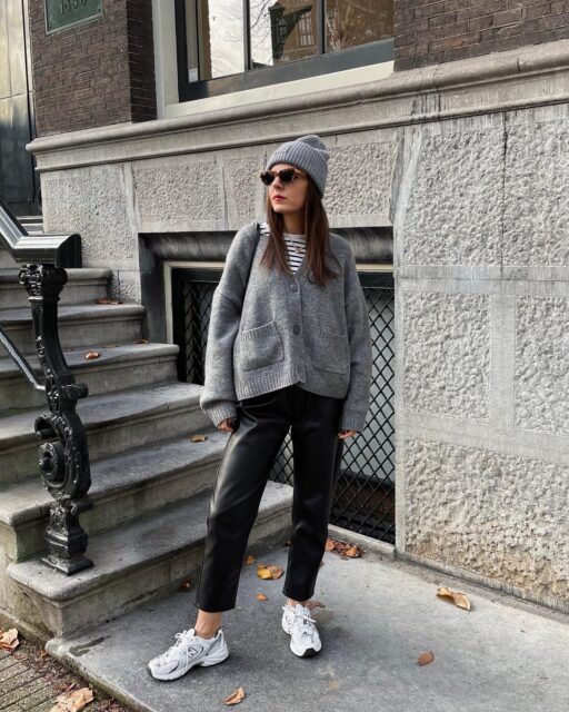 Grey Pinstripe Trousers & White Sneakers - fashionnes